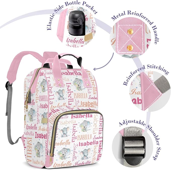 Custom Diaper Bag Backpack, Upgraded Large Capacity Baby Bag, Personalized Diaper Changing Backpack with Name, Multifuction Mommy Bag with Insulated Pockets, Baby Bag for Girls, Elephant Pink