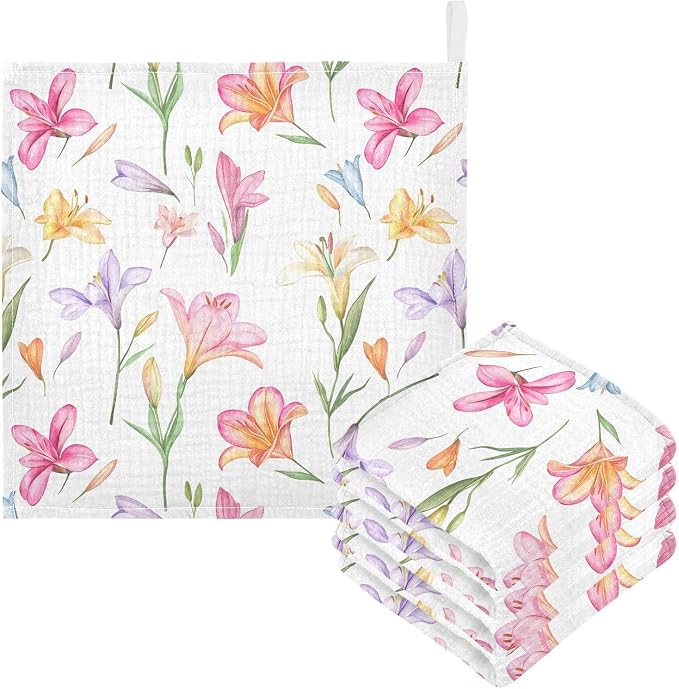 vvfelixl Baby Muslin Washcloths Colorful Lilies Baby Burp Cloths Cotton Babys Face Towel for Infants Soft 11.8 X 11.8 in, 3 Pack