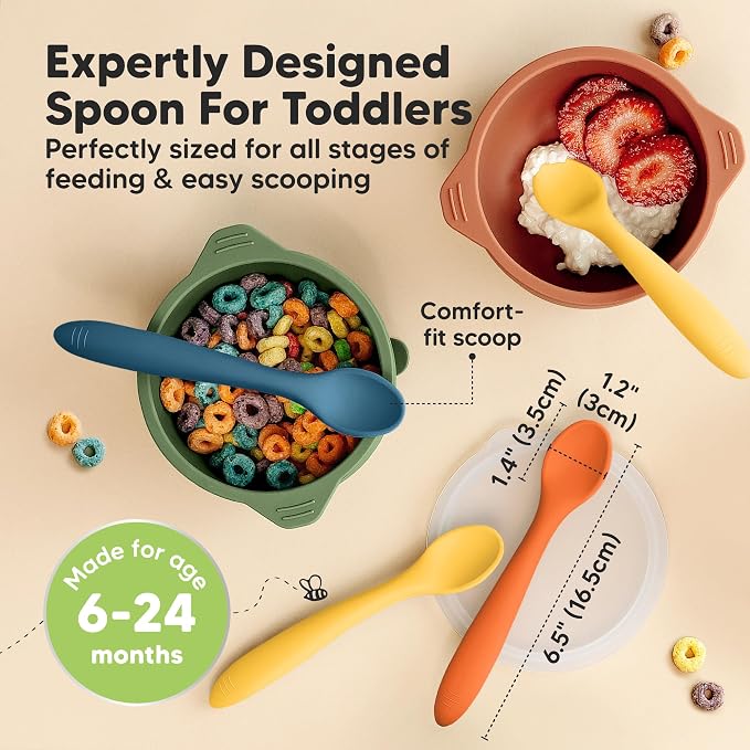 KeaBabies 3-Pack Silicone Baby Spoons and 12-Pack Baby Food Containers - Toddler First Food Training Spoon - 4 oz Leak-Proof, Microwavable Feeding Container