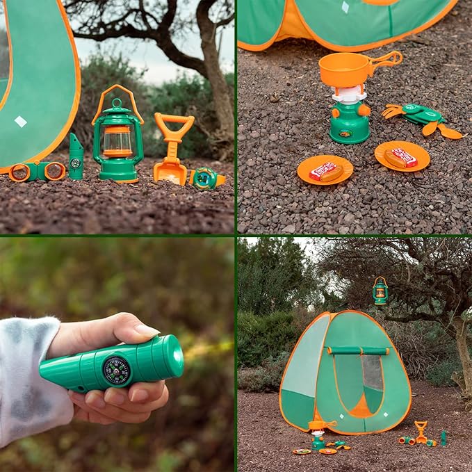 FUN LITTLE TOYS Pop Up Play Tent with Camping Gear and Tools Set, Outdoor Toys for Kids