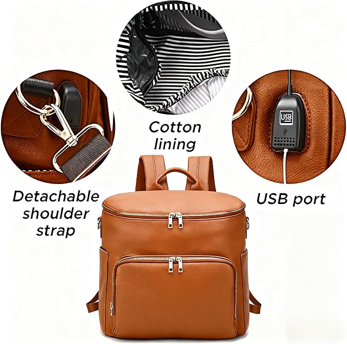Large Diaper Bag Backpack with USB Port, Vegan Leather Diaper Tote, Hospital Bag for Labor, Stroller Straps(Brown)