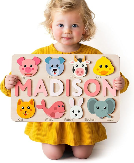 Zuzu Puzzle Personalized Name Puzzle for Toddlers 1-3 with Animals, Handmade Learning Toy, CPC Certified, Keepsake Nursery Decor, for 1st Birthday