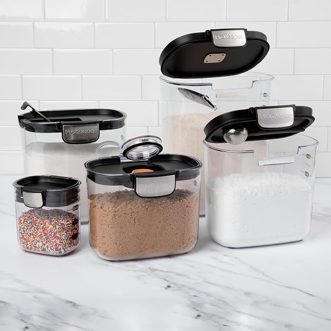 ProKeeper+ Airtight Food Storage Container Set – Clear Plastic Flour and Sugar Canister Set with Magnetic Accessories for Kitchen Organization (Black, 9-Piece)