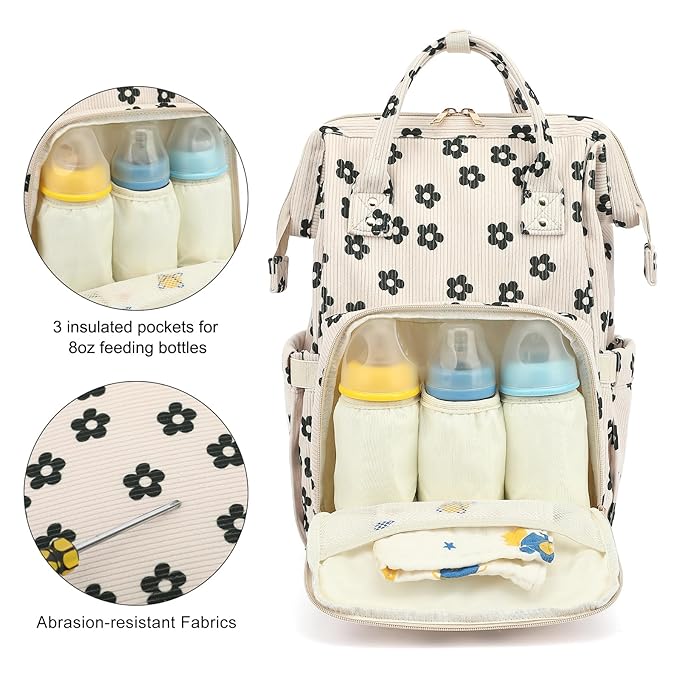 Baby Diaper Bag Backpack for Mom, Large Capacity Travel Nappy Bag for Boys & Girls with Stroller Straps (Corduroy Flowers)