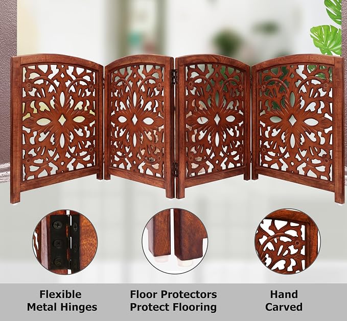 Croft&Cane Wooden Foldable Pet Dog Gate – Hand Carved 4-Panel Freestanding Dog Fence - 80W x 24H - Solid Wood & MDF Indoor Safety Barrier - Doorway Hallway & Stairs Portable Puppy Gate - Walnut Brown