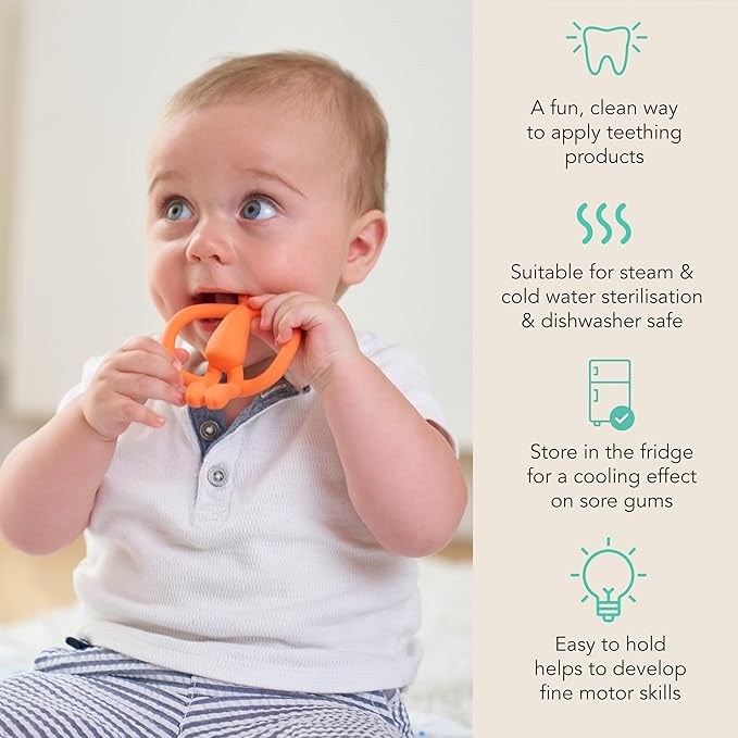 Matchstick Monkey Silicone Teether & Gel Applicator ??Silicone Baby Teether, Easy-to-Grip, BPA-Free, Supports Self-Soothing & Early Brushing, 3 Months+, 4 Inches, Orange