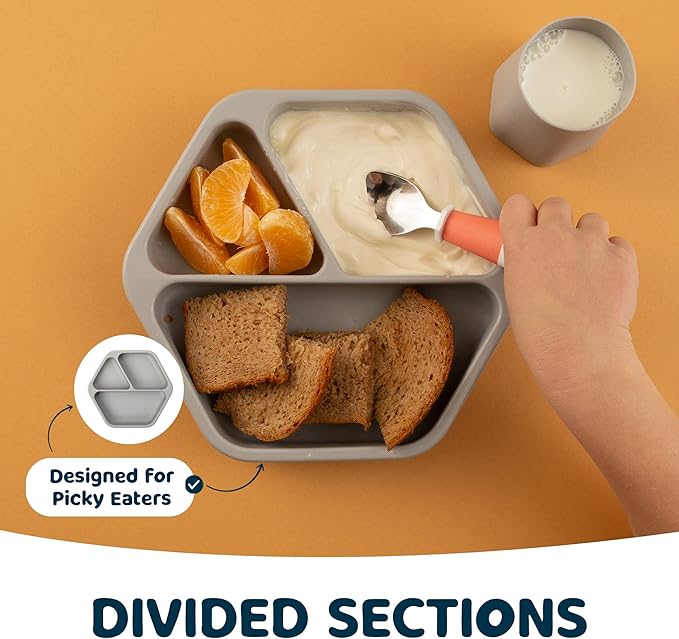 Tiny Twinkle Silicone Suction Baby Plate, Suction Grip Divided Dish for First Foods and Self-Feeding Toddlers, Baby Led Weaning Supplies for Independent Eating (Grey Plate)