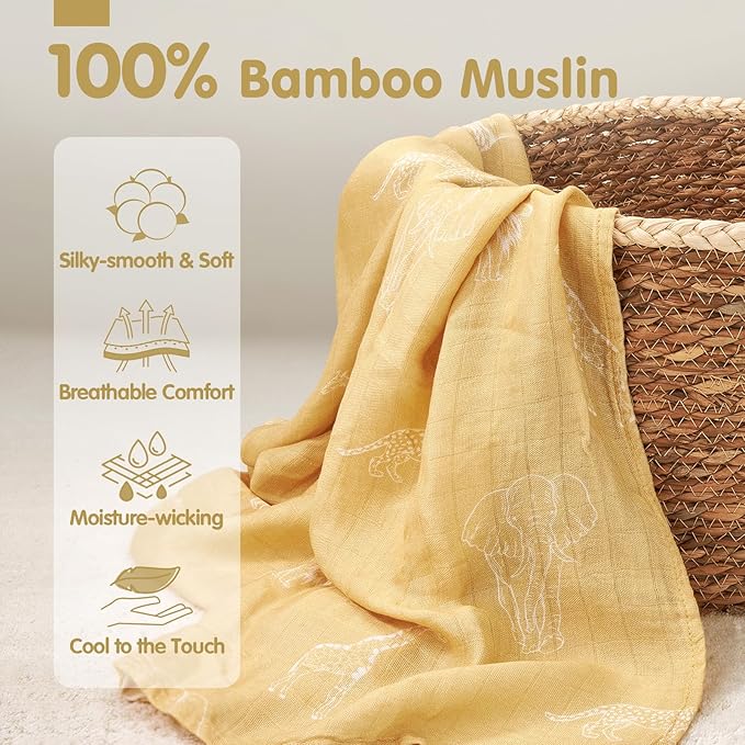 hahaland Muslin Swaddle Blankets Bamboo - 3-Pack, 1 Large (47" x 47") & 2 Standard (38" x 40") Breathable Silky Soft Receiving Blankets Swaddles for Newborns Newborn Essentials, Gold