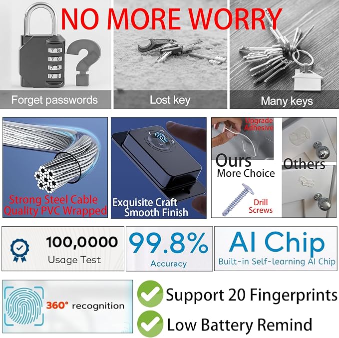 Fingerprint Refrigerator Lock Child Safety No Drill 20 Users | Biometric Latch for Adults Teens Pet, Emergency USB Key, for RV Cabinet French Fridge Freezer Drawer Window, Adhesive / Screw