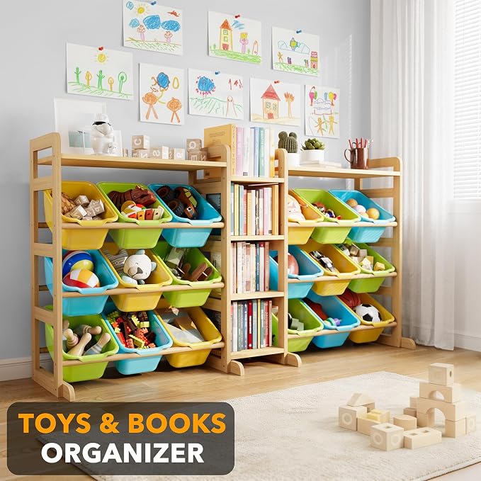 SpaceAid Large Toy Storage Organizer with 6 Shelves and 18 Bins, Book Shelf Organizers Storage Bookshelf, Kids Bin Shelf Box Bookcase for Bedroom Playroom Organization Room Decor, Multi-Colored