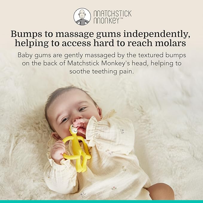 Matchstick Monkey Original Teether & Gel Applicator ??Silicone Baby Teether, Easy-to-Grip, BPA-Free, Supports Self-Soothing & Early Brushing, 3 Months+, 4 Inches, Yellow