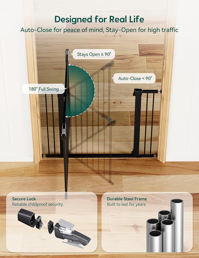 Babelio 36" Tall Baby Gate, 29-48" Auto-Close and Pressure Mounted Baby Gate for Stairs, Doorways, Hallway, PressGuard P7, Easy Walk Thru Pet Gate, Black