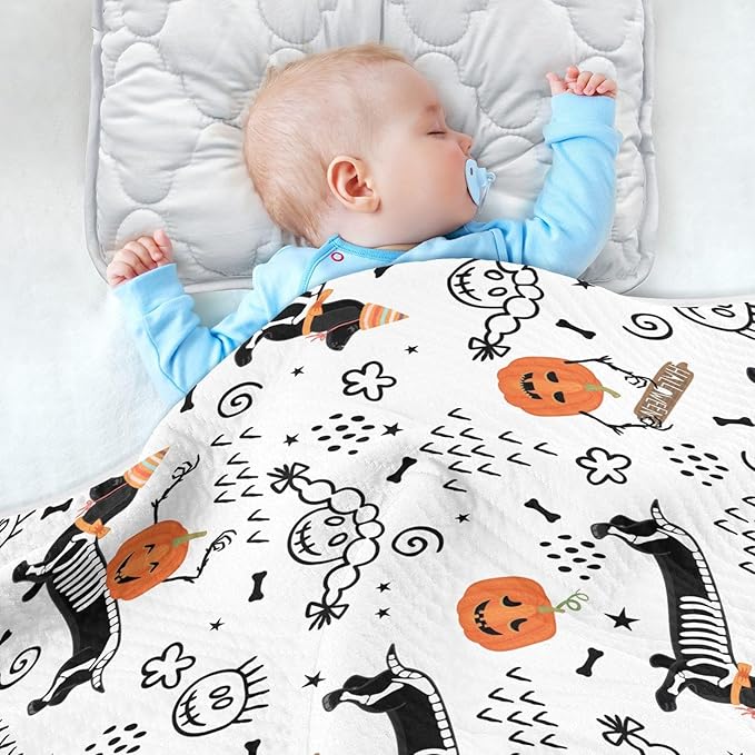Ollabaky Halloween Dog Dachshund Skeleton Baby Blanket for Boys Girls Cotton Throw Blanket Swaddle Blanket for Crib Stroller Nursery Receiving Blanket Infant Toddler Unisex 30"x40"