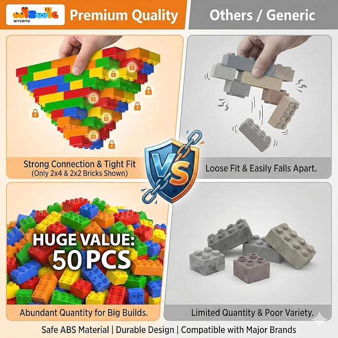 50 Pcs Jumbo Building Blocks for Toddlers (25 Square & 25 Rectangle Bricks) | Compatible Big Construction Bricks in 5 Colors | Kids Ages 3+ STEM Toy