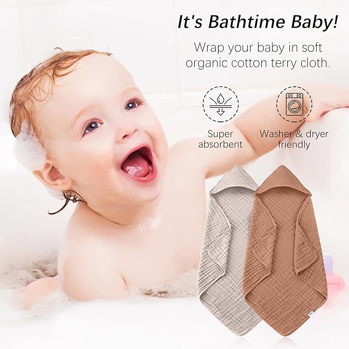 SWEET DOLPHIN Muslin Hooded Baby Bath Towels - 2 Pack 100% Cotton Towel for Babies, Infants, Toddlers - 32x32Inch - Highly Absorbent and Newborn Essential, Light Bean Paste