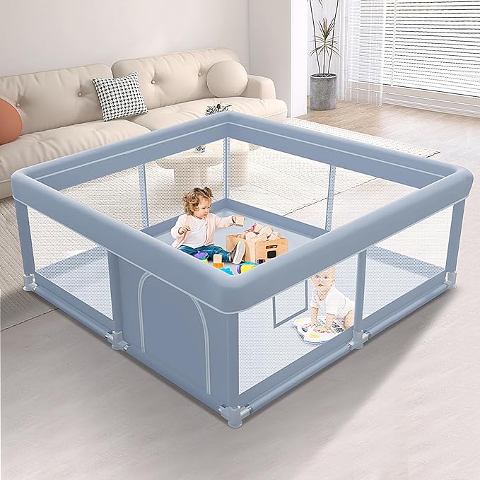 XVISHX 50 x 50 Inch Baby Playpen, Playpen for Babies and Toddlers, Baby Play Pen Playard for Indoor & Outdoor Active Center Game Fence, with Skin-Friendly Fabric and Soft Breathable Mesh, Grey
