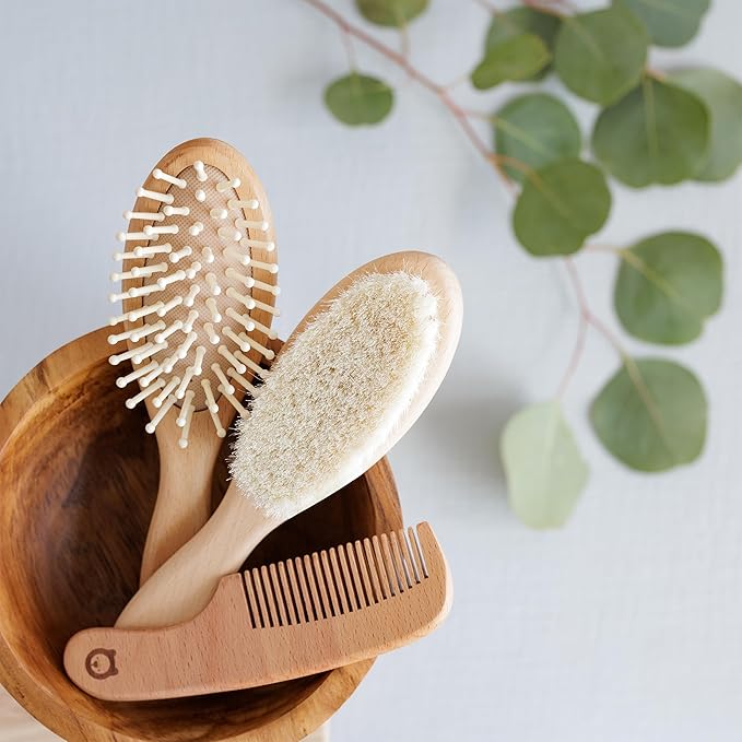 Wooden Hair Brush Set - Premium Baby Comb and Brush - Soft Natural Bristles - Organic Products - Perfect Registry Gift - Cradle Cap Brush for Newborns & Toddlers