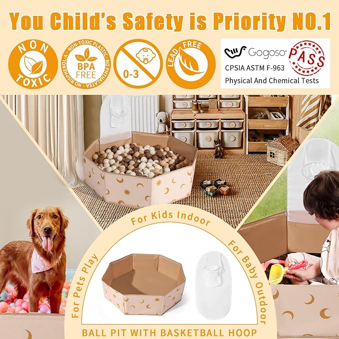 GOGOSO Foldable Ball Pit for Toddlers Large Soft Indoor Outdoor Pop Up Baby Kids Infant Ballpit Big Collapsible Puppy Dog Cat Pits with Basketball Hoop (Balls Not Included) Moon