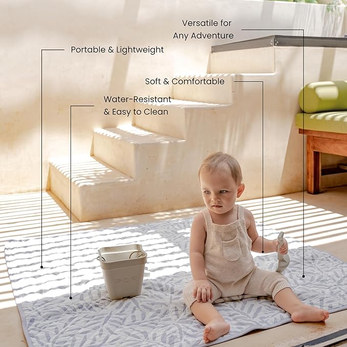 Toddlekind Pretty Practical Mat 100% Organic Cotton 47" x 47”, Reversible, Portable, Travel, Portable, Indoor/Outdoor, for Babies/Toddlers, Sandy Lines-Ocean Leaves-Stone (Grey)