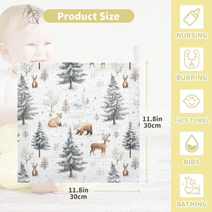 vvfelixl Baby Muslin Washcloths Winter Deer Bear Baby Burp Cloths Cotton Babys Face Towel for Infants Soft 11.8 X 11.8 in, 3 Pack