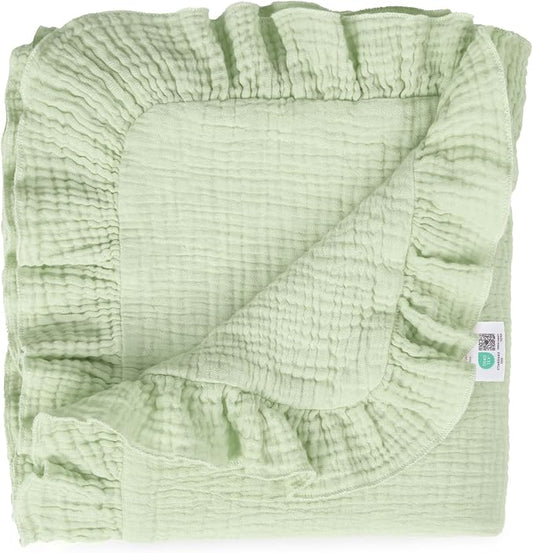 lulumoon Muslin Ruffle Baby Blanket - Soft Breathable 100% Cotton Newborn Wrap for Stroller Travel & Car Seat - Ideal for Nursery Decoration & Photo Prop 40"x36"(Green)