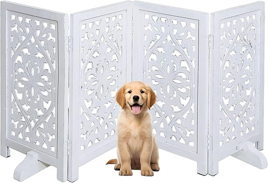 Free Standing Dog Gate – 4 Panel Foldable Wooden pet gate Indoor 56" W x 28" H, Hand-Carved Solid Wood & MDF, Portable Indoor gate for Doorways, Halls, Stairs – Fully Assembled, White Finish