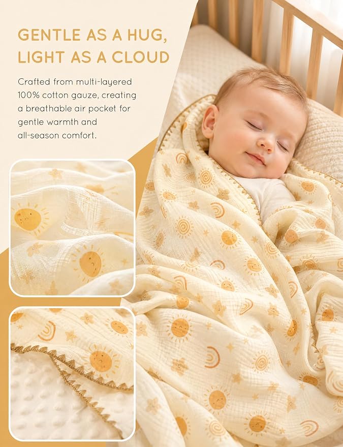 Baby Blanket 40x40 Inches,Muslin Cotton and Minky Dotted Double Layer Soft Receiving Blanket for Newborn Toddler,Boho Sky