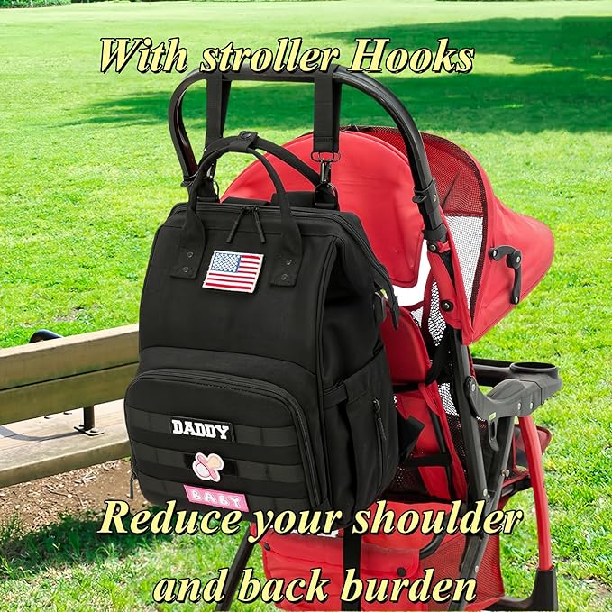 Diaper Bag Backpack for Dad and Mom with USB Charging Port Stroller Straps and Insulated Pocket,army military Travel Nappy Backpack for Daddy/Mommy (Black)