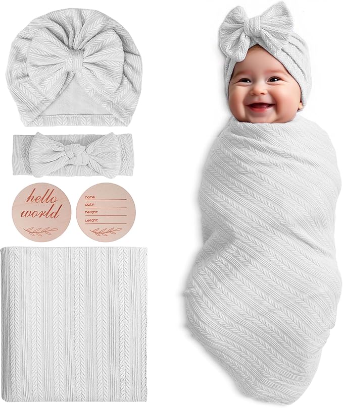 Muslin Blanket,Baby Swaddle Set Newborn - Receiving Headband Blankets and Bow Hat,Newborn Essentials, Soft Nursery Swaddling Blankets，Stretchy Baby Blankets for Girls and Boys Unisex(White)