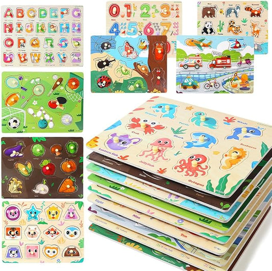 GRINNNIE 9 Pack Montessori Toddler Puzzle for 3 4 5 Years Old, Wooden Learning Puzzle for Toddlers 3-5, Animal, Alphabet, Number, Shape Peg Puzzles Set, Great Birthday for Boys Girls