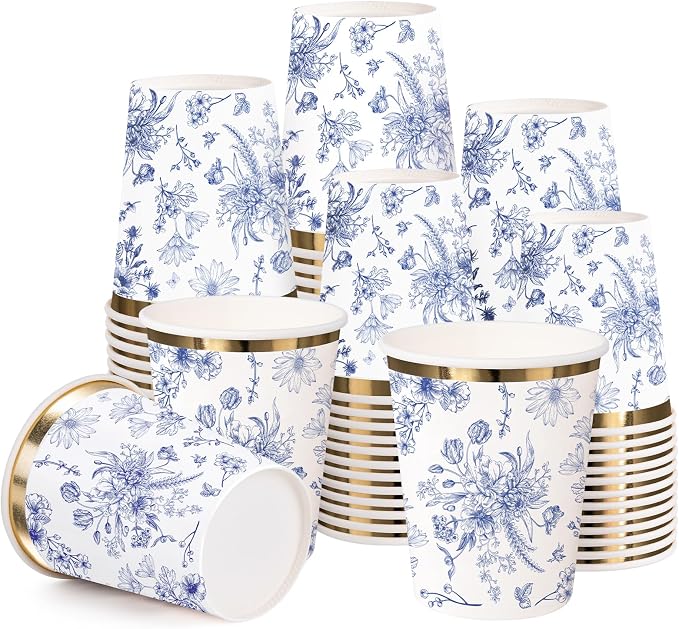 WRAPAHOLIC 50 Pcs Floral Paper Cups - 9 oz Blue Toile Flower Disposable Cup, Coffee Cup, Hot/Cold Beverage Drinking Cups for Water Juice, Perfect for Baby Shower and Birthday Party Supplies