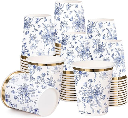 WRAPAHOLIC 50 Pcs Floral Paper Cups - 9 oz Blue Toile Flower Disposable Cup, Coffee Cup, Hot/Cold Beverage Drinking Cups for Water Juice, Perfect for Baby Shower and Birthday Party Supplies