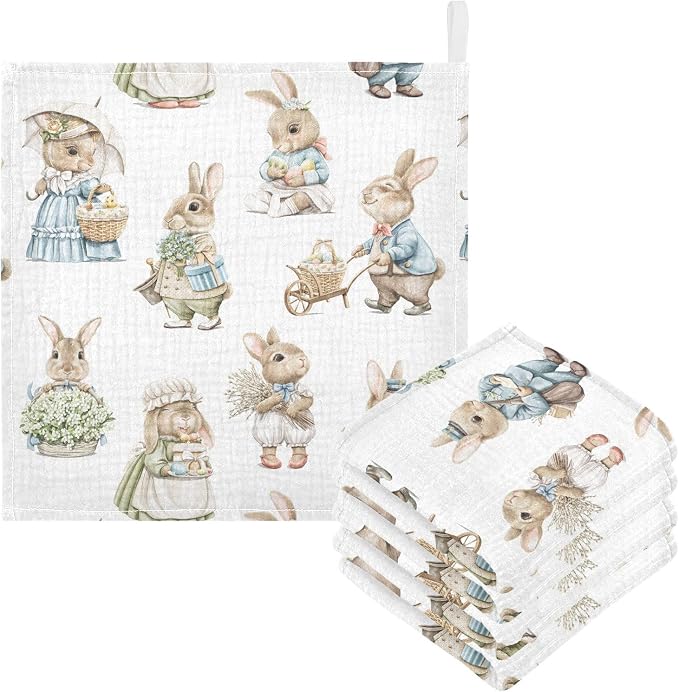 Vvfelixl Muslin Washcloths Easter Rabbits Bunny Baby Burp Cloths Cotton Face Towel for Newborn Infants Boys Girls - Soft and Absorbent 11.8 X 11.8 in, 3 Pack