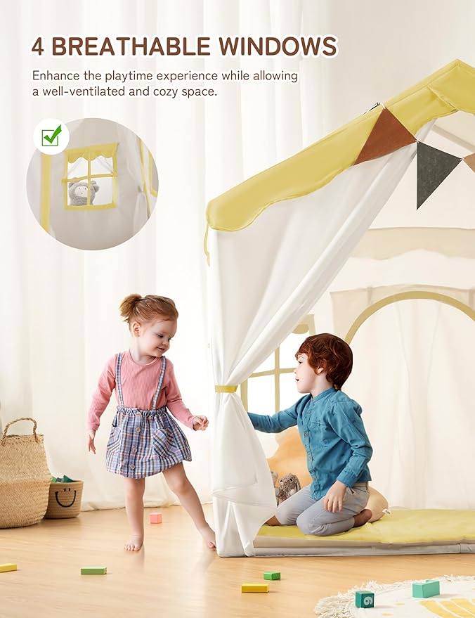 Besrey Kids Play Tent 2 in 1 with Padded Mat and Lights, Large Kids Playhouse with 2 Doors & 4 Windows, Indoor & Outdoor, Christmas Toddler Tent, 51" x35" x 51" (Yellow)