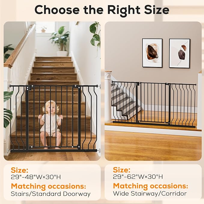 29-57" Baby Gate for Stairs, Baby Safety Essentials, Auto Close Gate for Doorways, Easy Install Pressure Mounted Dog Gate Indoor, Pet Gates for Dogs, Black