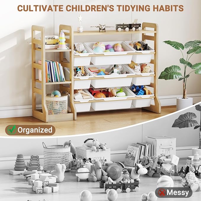 Kids Toy Storage Organizer with Bookshelf, Wooden Toy Shelf with 3 Open Shelves and 9 Removable Bins, Extended Base Sturdy Storage Cabinet for Playroom, Kids Room, Nursery Organization