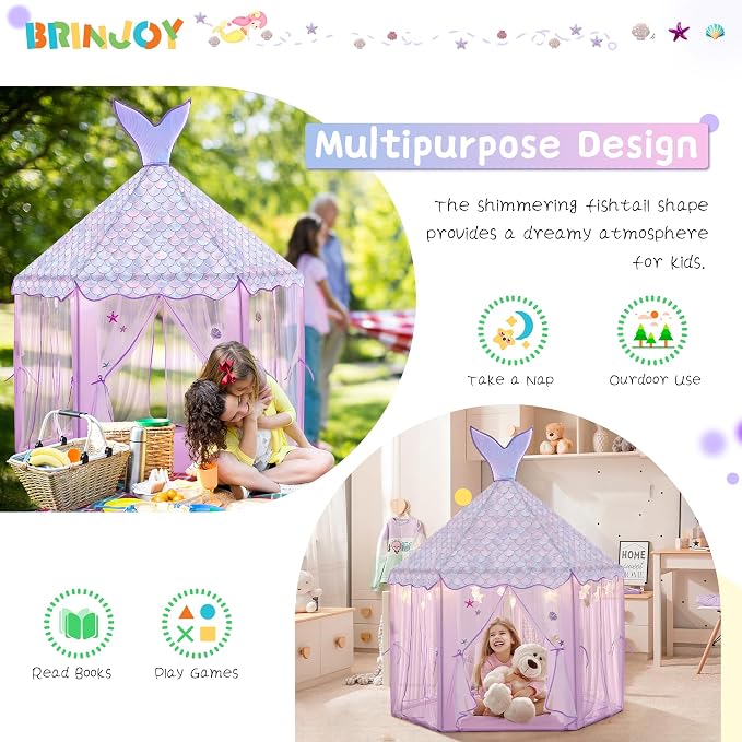 BRINJOY Princess Tent for Girls with Lights, Large Pretend Play Tent Castle w/Carry Bag & Stickers & Detachable Fishtail Top Indoor Outdoor, 67”x55” Ocean-Theme Kids Playhouse Gift for Toddler Age 3+