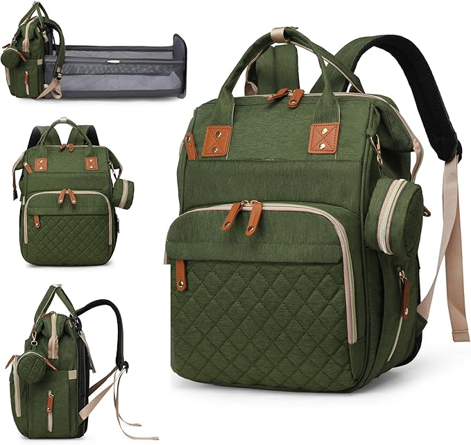 Diaper Bag with Changing Station, Waterproof 3 in 1 Baby Diaper Backpack with Foldable Changing Pad, Large Travel Back Pack for Girl Boy, Green