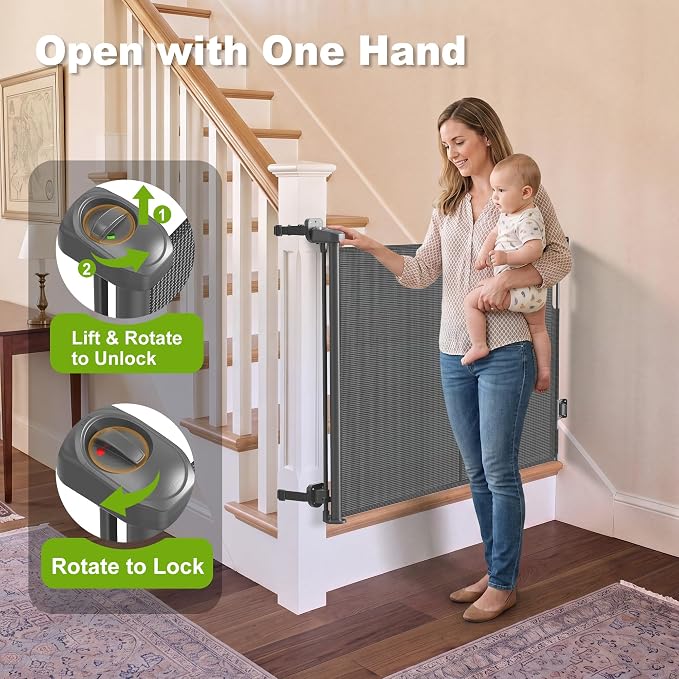 Retractable Baby Gate for Stairs & Banister, 55" Wide Mesh Dog Gate, One-Handed Dual Lock Safety Gate for Kids & Pets, Fits Round & Square Posts (Gray)