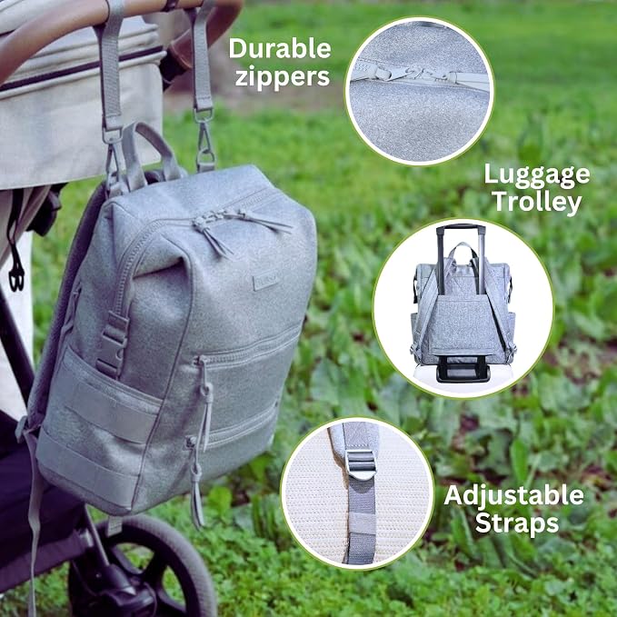 BUNSO Neoprene Diaper Bag Backpack, Water-resistant, Travel Baby Bag With Changing Pad, Stroller Straps, Wet Bag and Pouch (Gray)