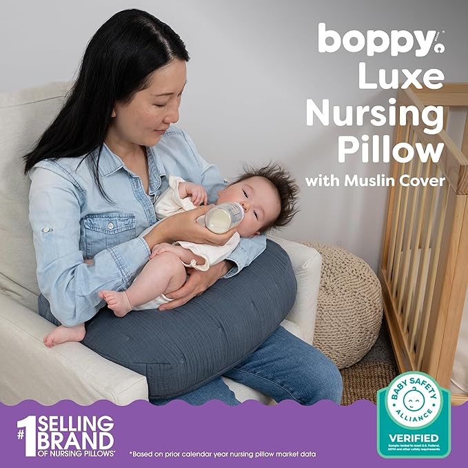 Boppy Nursing Pillow Luxe - Ergonomic Bottle & Breastfeeding Pillow with High Lift & Firm Support - Water-Resistant with Washable Cotton Muslin Cover - Baby Safety Alliance Verified - Slate Blue