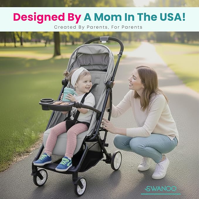 Swanoo Universal Stroller Snack Tray | Compatible With Nuna Mockingbird Bugaboo Uppababy | Stroller Bumper Bar Tray Attachment with Cup Holder | Baby Toddler Disneyland Essentials Stroller Accessories