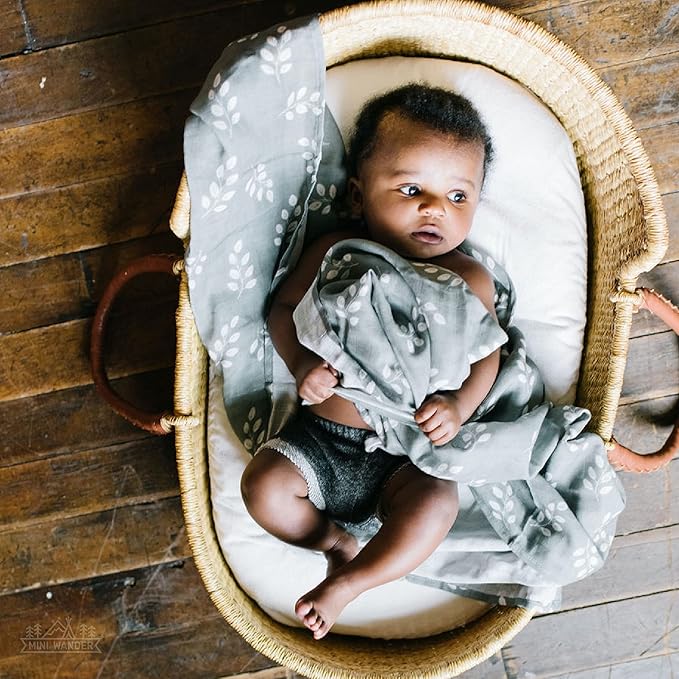 Mini Wander Swaddles for Newborns Muslin Swaddle Blankets - Breathable Soft Gender Neutral Receiving Blanket Baby Essentials | 47 x 47 Cotton - (Leaves Storm Blue)