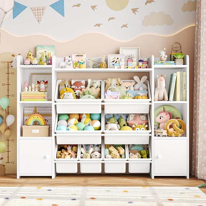 FOTOSOK Toy Storage Organizer with 8 Toy Bins, Toy Organizer Kids Bookshelf with 6 Storage Cubbies, Stuffed Animal Storage Organizer, Playroom Storage and Toy Chest, White