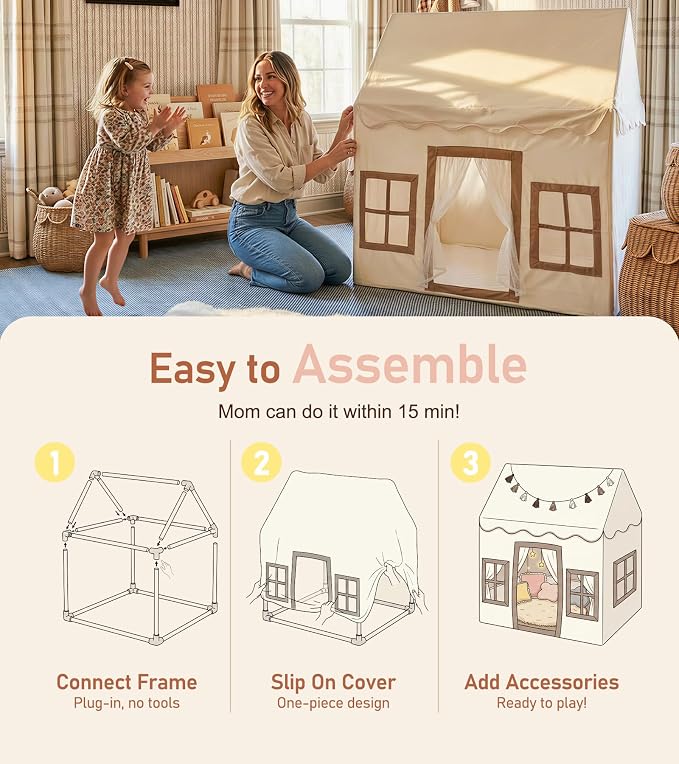 Little Dove Kids Play Tent with Mat, Star Lights, Tassel Garland, Toddler Playhouse with Windows Easy to Wash, Indoor and Outdoor Play Tents for Kids, Toys for Girls, Boys, Birthday Gift, Beige