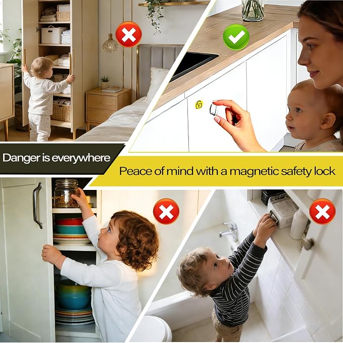 Magnetic Cabinet Locks Baby Proofing (24 Locks + 6 Keys) - Baby Latches for Cabinets, Suitable for Kitchens Cabinets, Drawer and Dresser - No Drilling Required, Adhesive Installation
