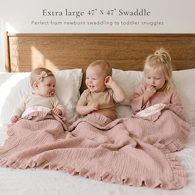 Konssy Flounce Muslin Baby Blanket for Girls Boys 47 x 47 Inches, 100% Cotton Soft Crib Swaddle Blankets, Reversible & Breathable Nursery Bedding for Newborns Toddlers(Petal Dream)