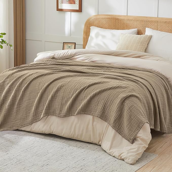 EMME Cotton Muslin King Blanket Bed Layering Bedspread Coverlet Breathable Gauze Soft Lightweight (Tan, 108"x90")