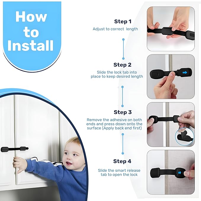 3M Adhesive Child Safety Strap Locks by Baby Proof Me, Baby Latches for Cabinets, Dishwashers, Fridges, Ovens and Trash Cans, Stain Free Toilet Lock (12 Safety Latches)
