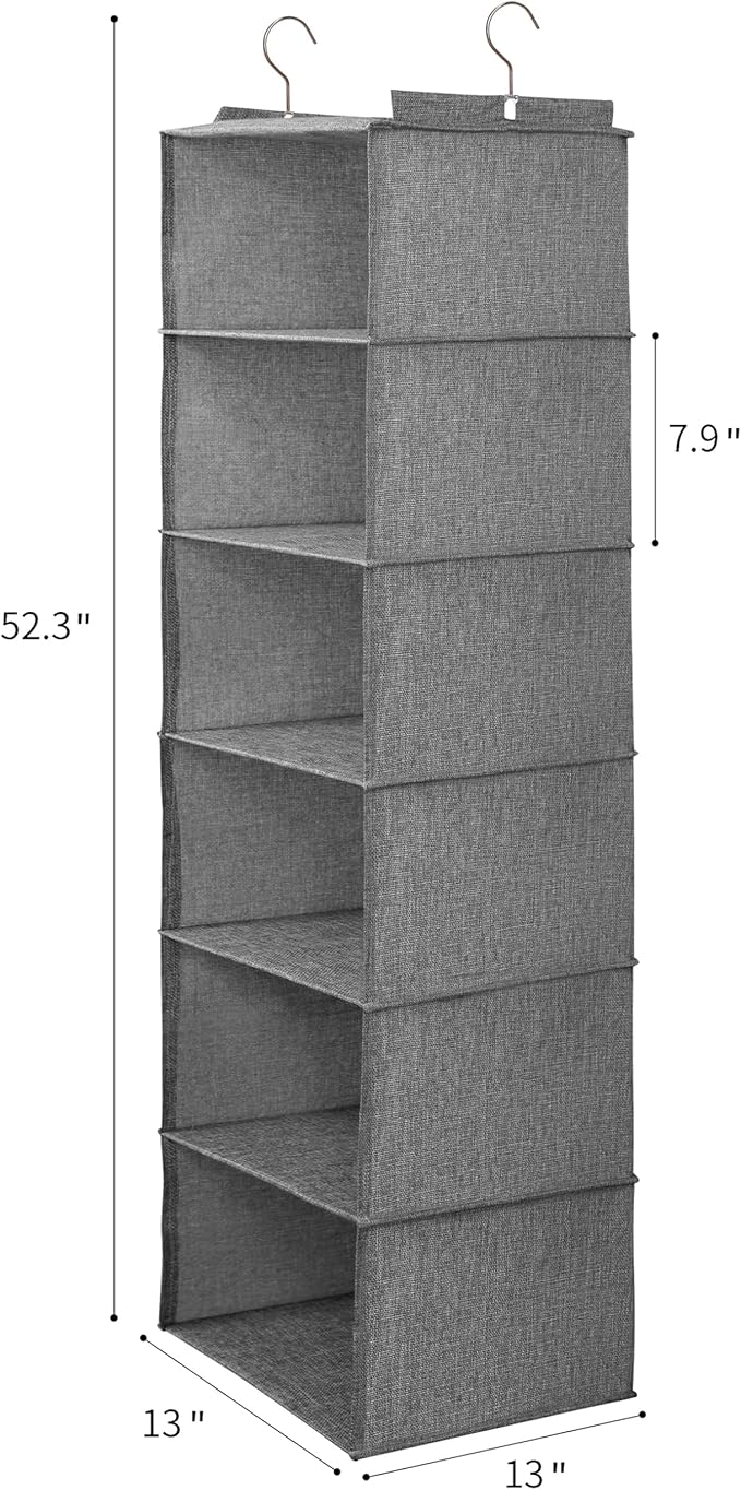 Large Hanging Sweater Organizer for Closet,Collapsible 6-Shelf Hanging Closet Shelves with Drawers, Washable (Grey-6 Shelf-2 d)